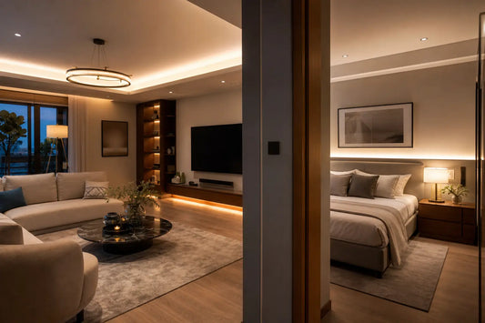 Interieur moderne avec eclairage d'ambiance doux dans un salon et une chambre