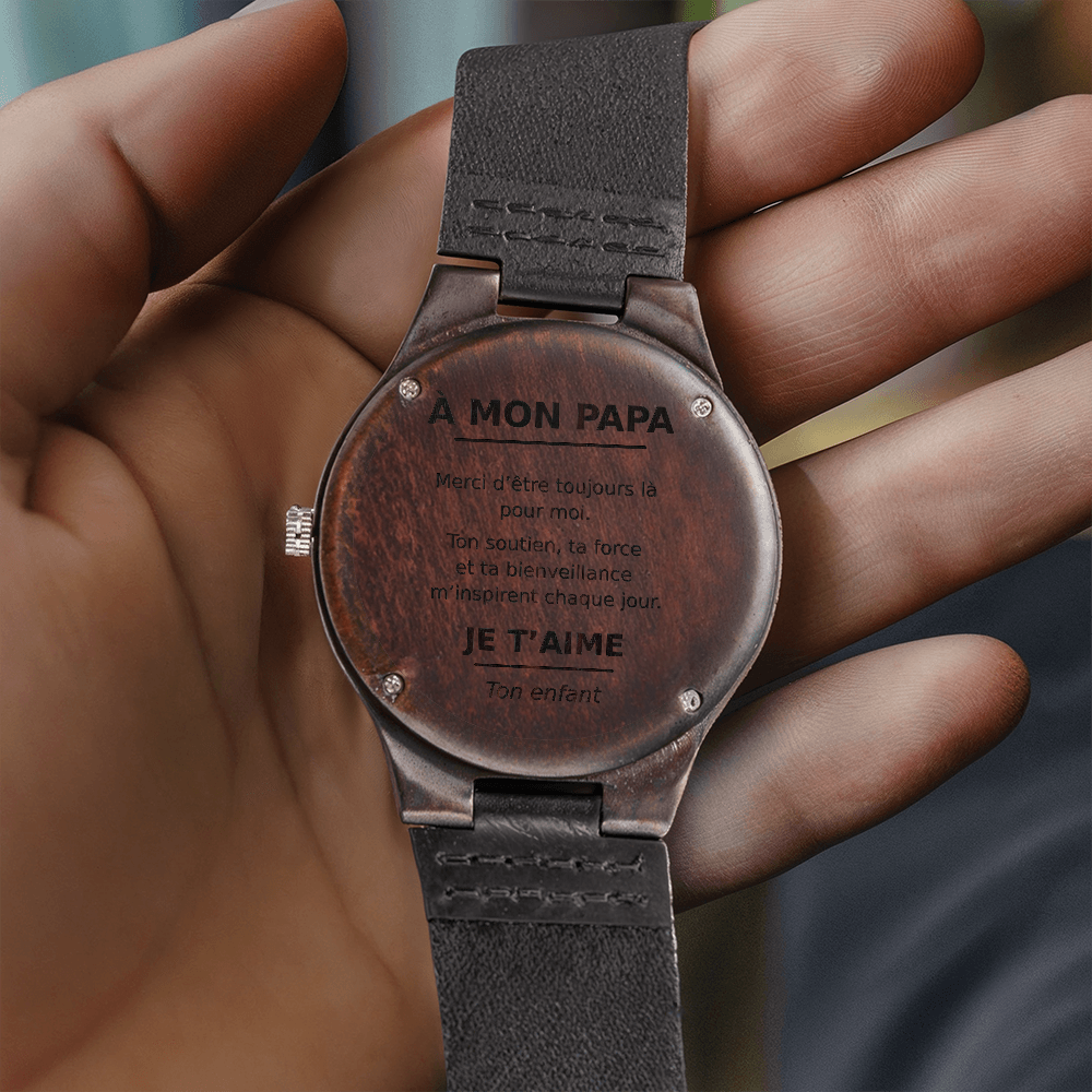 ⌚ À Mon Papa – Montre en Bois Gravée avec Bracelet en Cuir Véritable