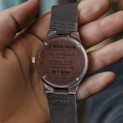 ⌚ À Mon Papa – Montre en Bois Gravée avec Bracelet en Cuir Véritable