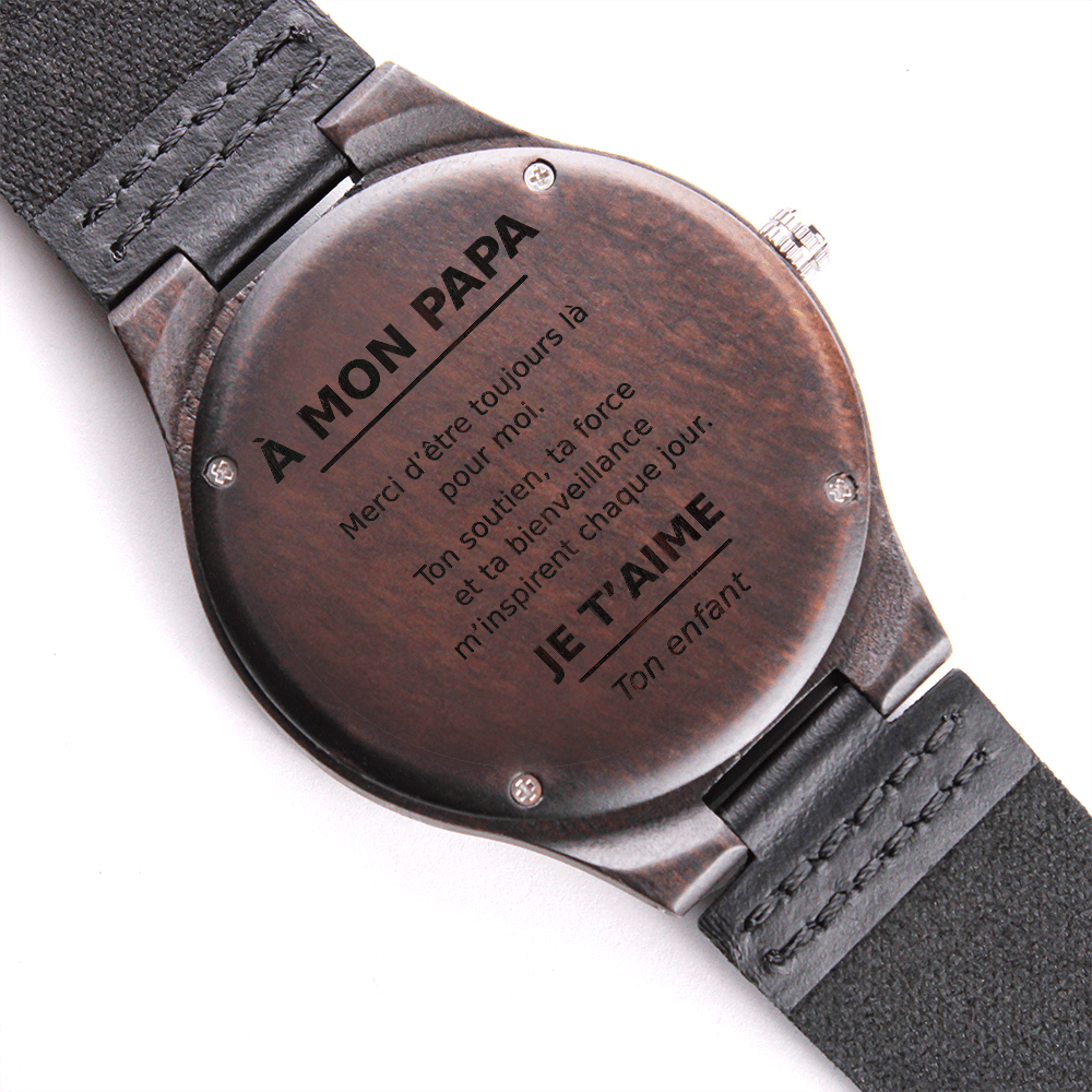 ⌚ À Mon Papa – Montre en Bois Gravée avec Bracelet en Cuir Véritable