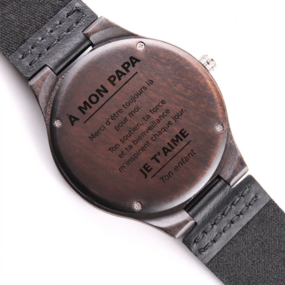 ⌚ À Mon Papa – Montre en Bois Gravée avec Bracelet en Cuir Véritable