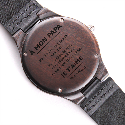 ⌚ À Mon Papa – Montre en Bois Gravée avec Bracelet en Cuir Véritable
