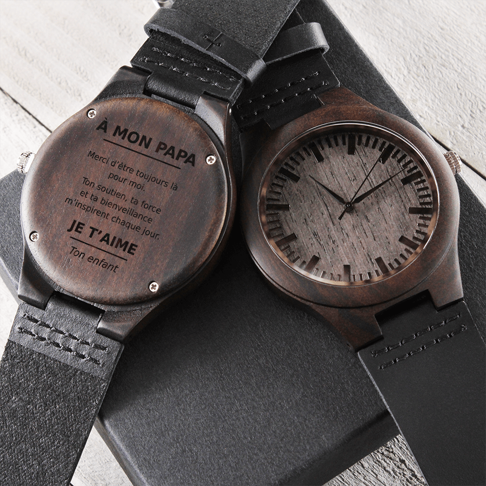 ⌚ À Mon Papa – Montre en Bois Gravée avec Bracelet en Cuir Véritable