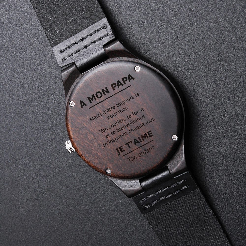 ⌚ À Mon Papa – Montre en Bois Gravée avec Bracelet en Cuir Véritable