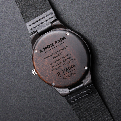 ⌚ À Mon Papa – Montre en Bois Gravée avec Bracelet en Cuir Véritable