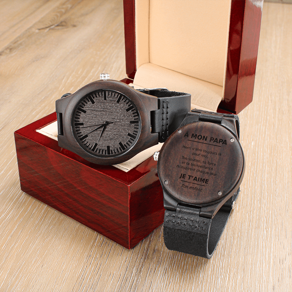 ⌚ À Mon Papa – Montre en Bois Gravée avec Bracelet en Cuir Véritable