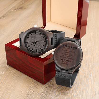 ⌚ À Mon Papa – Montre en Bois Gravée avec Bracelet en Cuir Véritable
