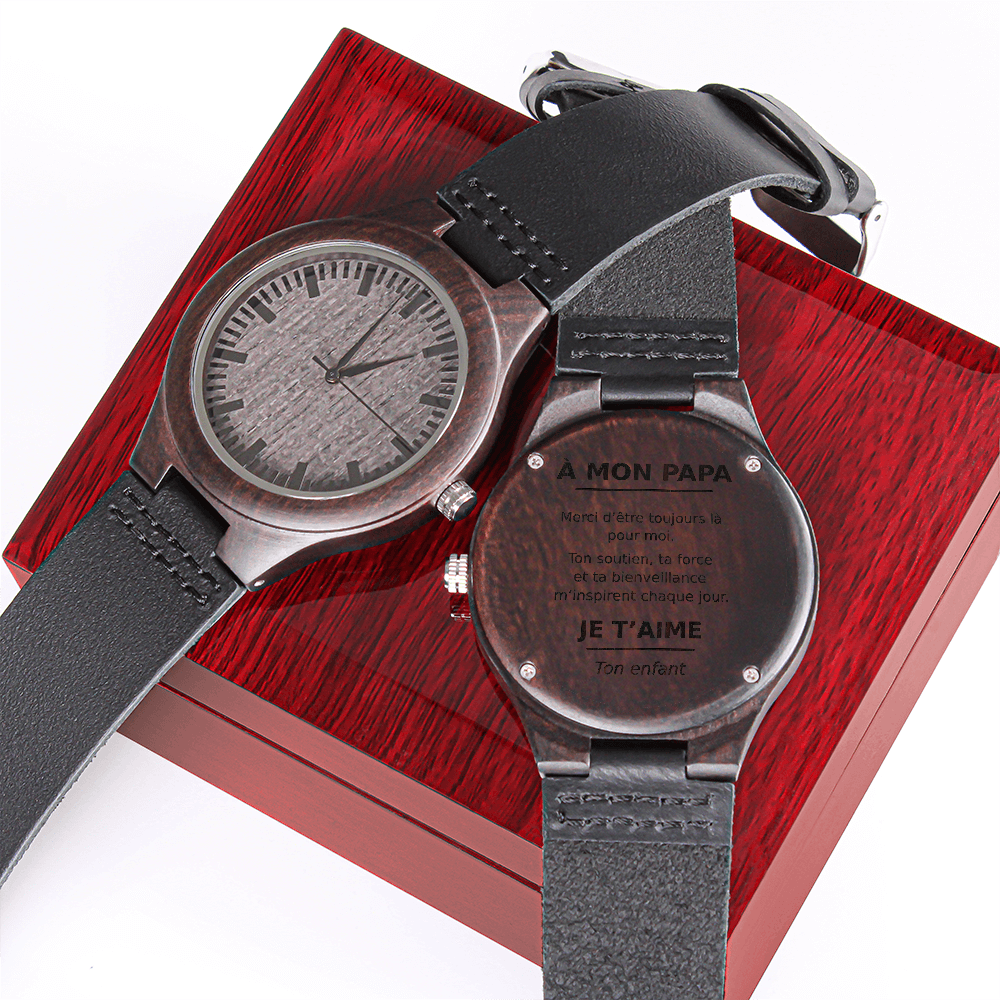⌚ À Mon Papa – Montre en Bois Gravée avec Bracelet en Cuir Véritable