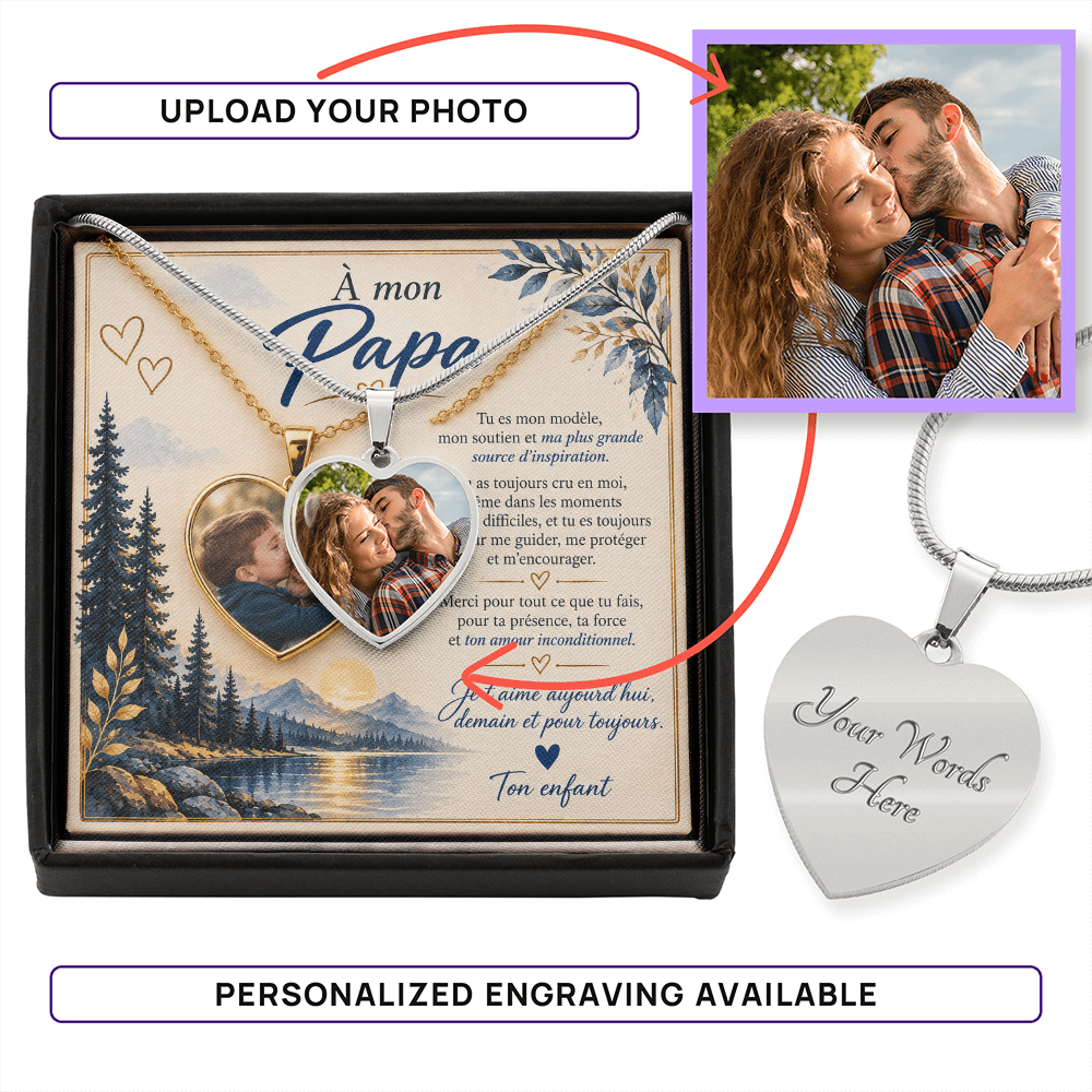 💙 À Mon Papa – Collier Cœur Photo Personnalisé