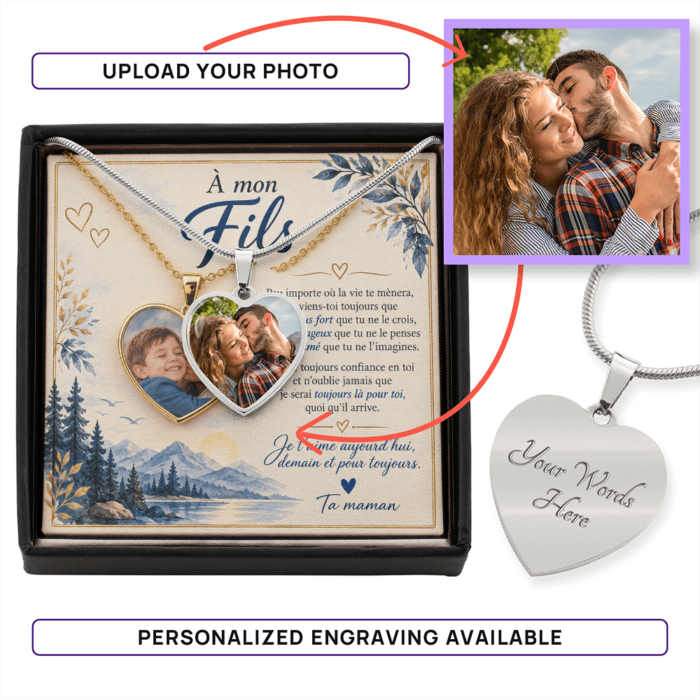 💙 À Mon Fils – Collier Cœur Photo Personnalisé