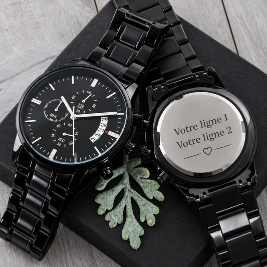 ⌚ Montre Chronographe Noire Personnalisée – Gravée Rien Que Pour Lui ShineOn Fulfillment